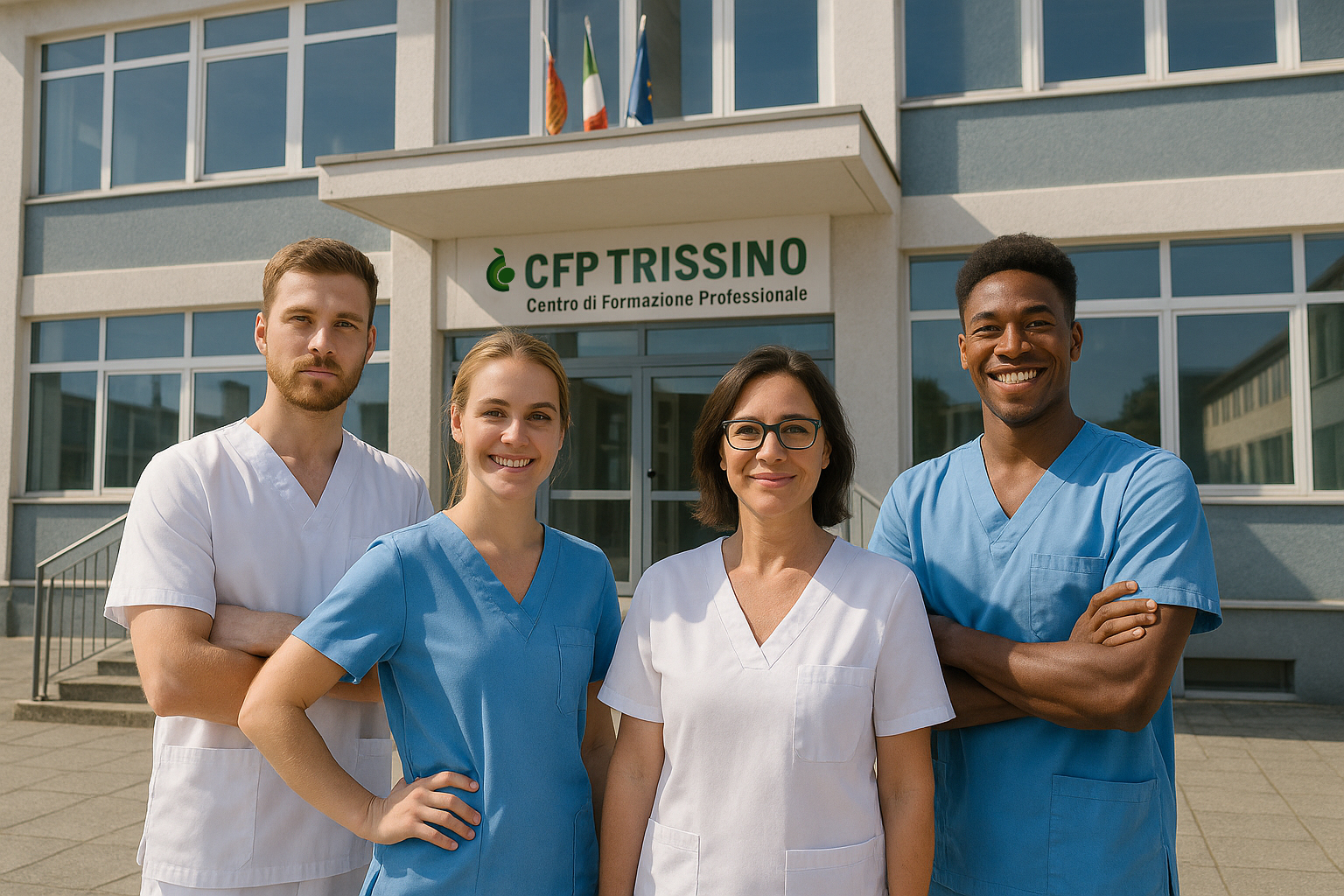 Ragazzi del corso OSS di fronte alla scuola cfp trissino - generato con AI