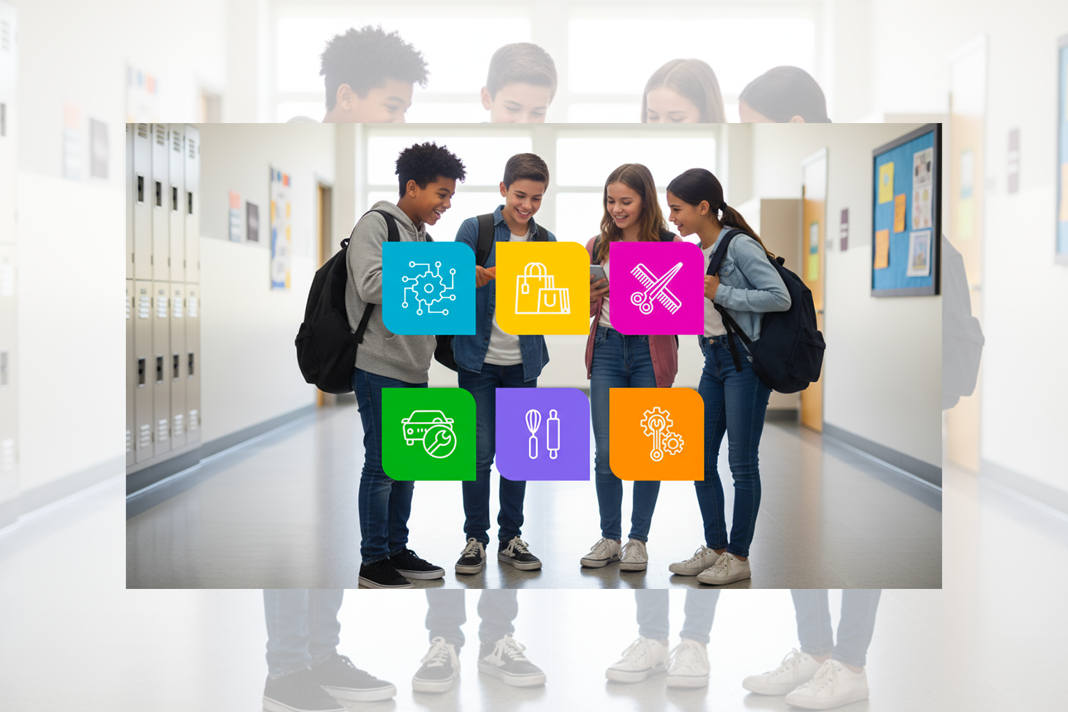 giovani ragazzi in gruppo nel corridoio scolastico